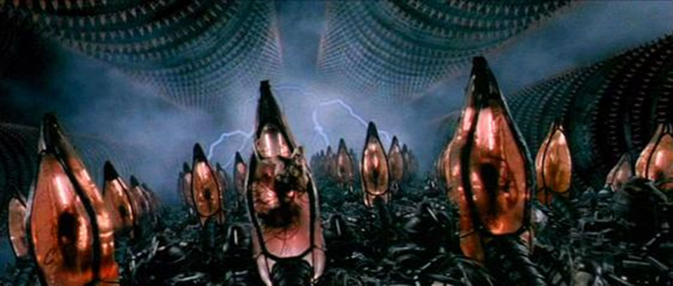 Scene of humans being farmed in energy pods